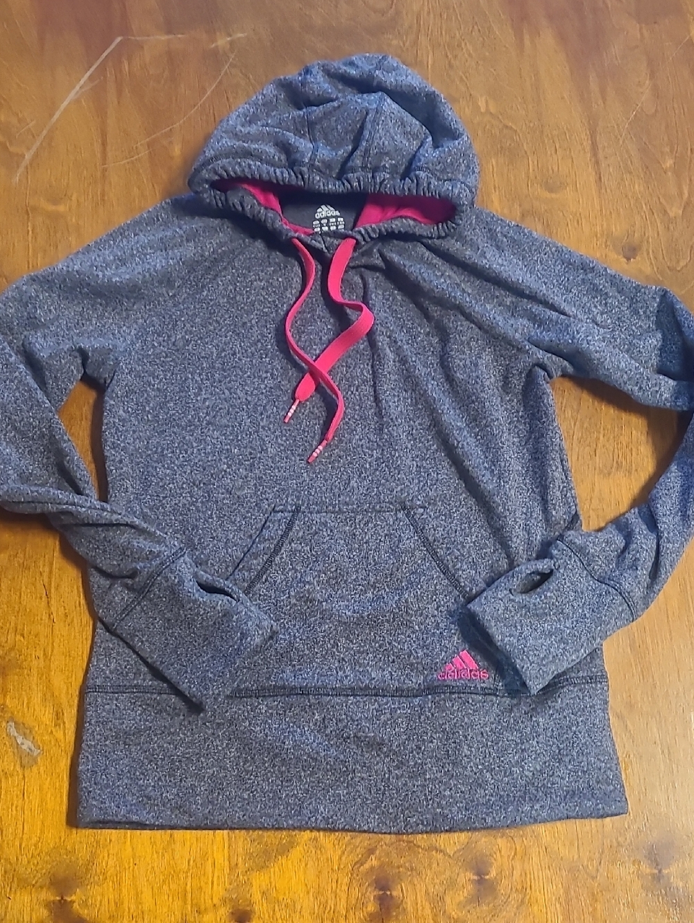 adidas Heather Gray Hoodie with Pink Accents And Thumb Holes